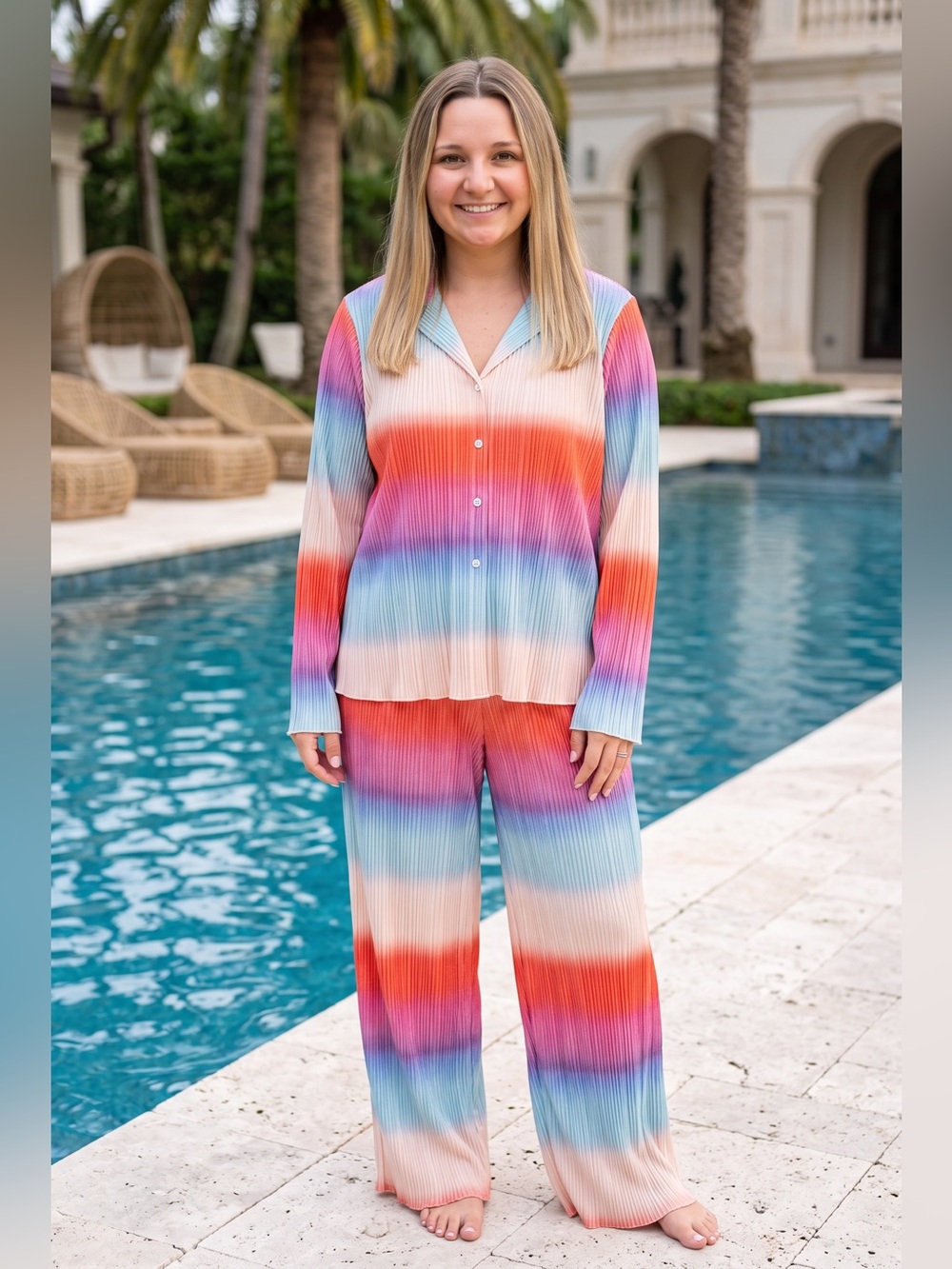 Easel CURVY Wide-Leg Multicolor Stripe Pants and Button Down Top SET